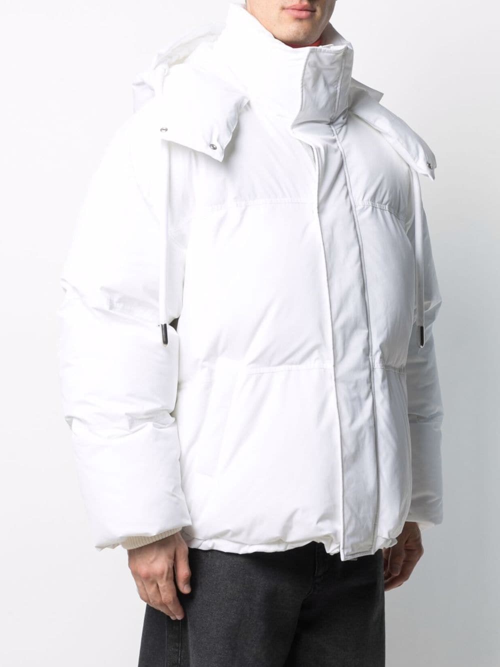 AMI Paris Ami de Coeur patch short down jacket in white, close front view