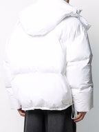 AMI Paris Ami de Coeur patch short down jacket in white, back view