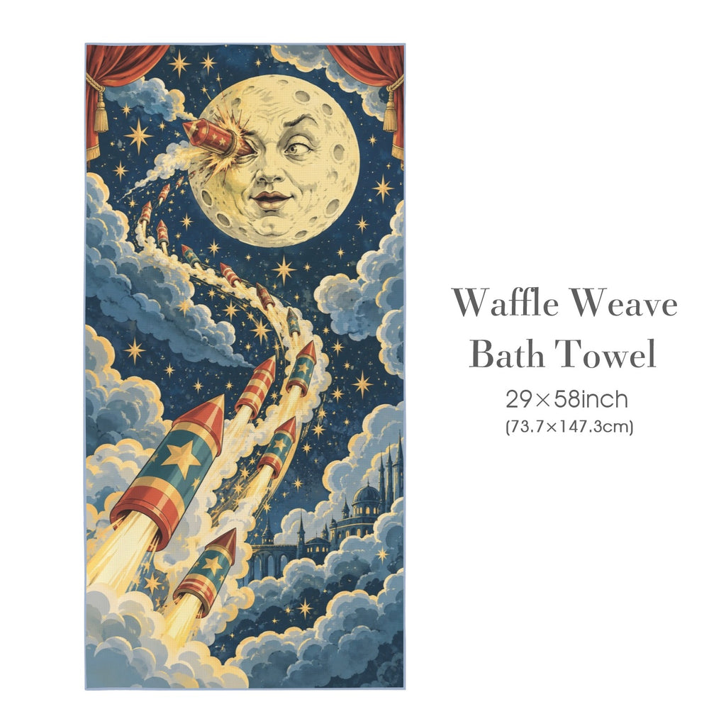 Moon Face Paper Rockets 29"x58" (QUE) Waffle Weave Bath Towel