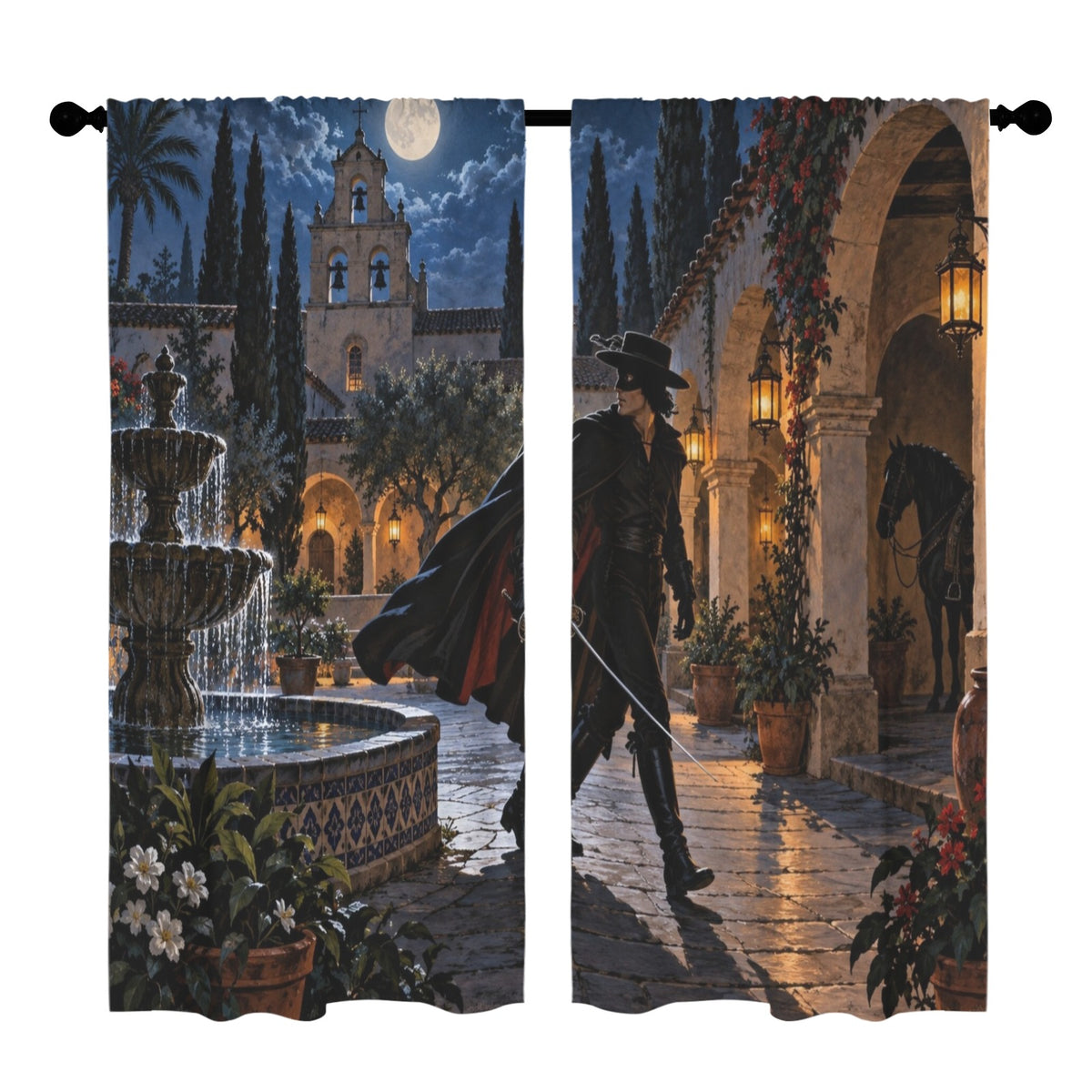 Zorro at the Moonlit Mission Courtyard 52 x 84 in Window Curtain Set