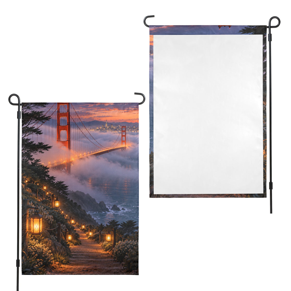 Golden Gate Bridge fog lantern trail 12 x 18 in Garden Flag