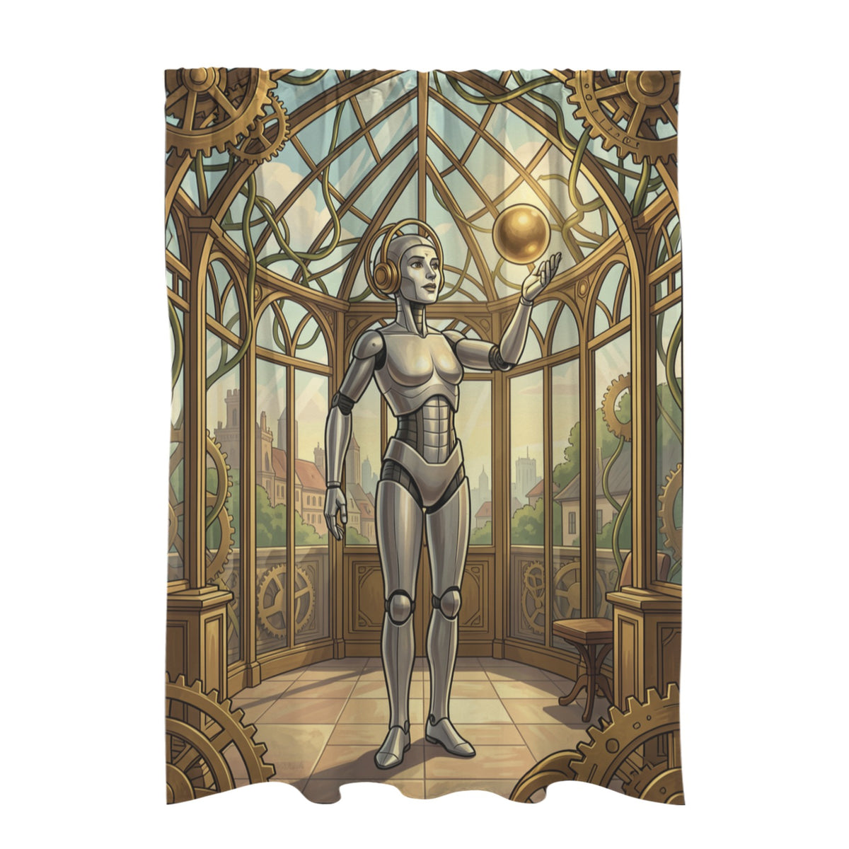 Robot Maria tends a geometric greenhouse 51 x 72 in Door Curtain (QUE)