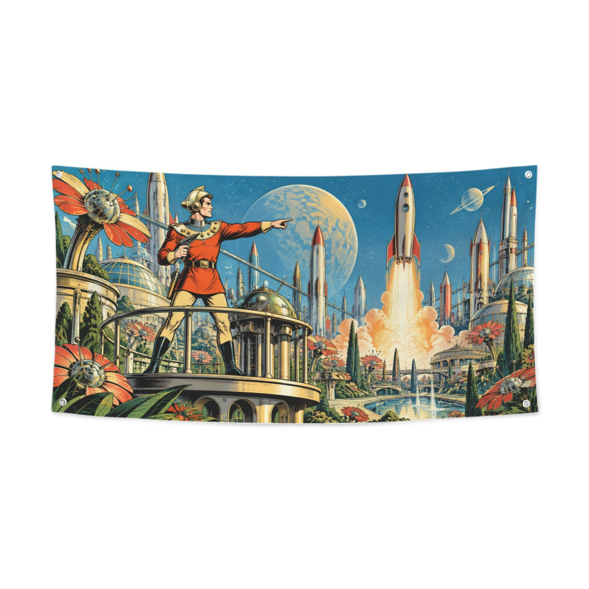 Buck Rogers Retrofuturist Rocket Garden 47 x 24 in Festival Banner