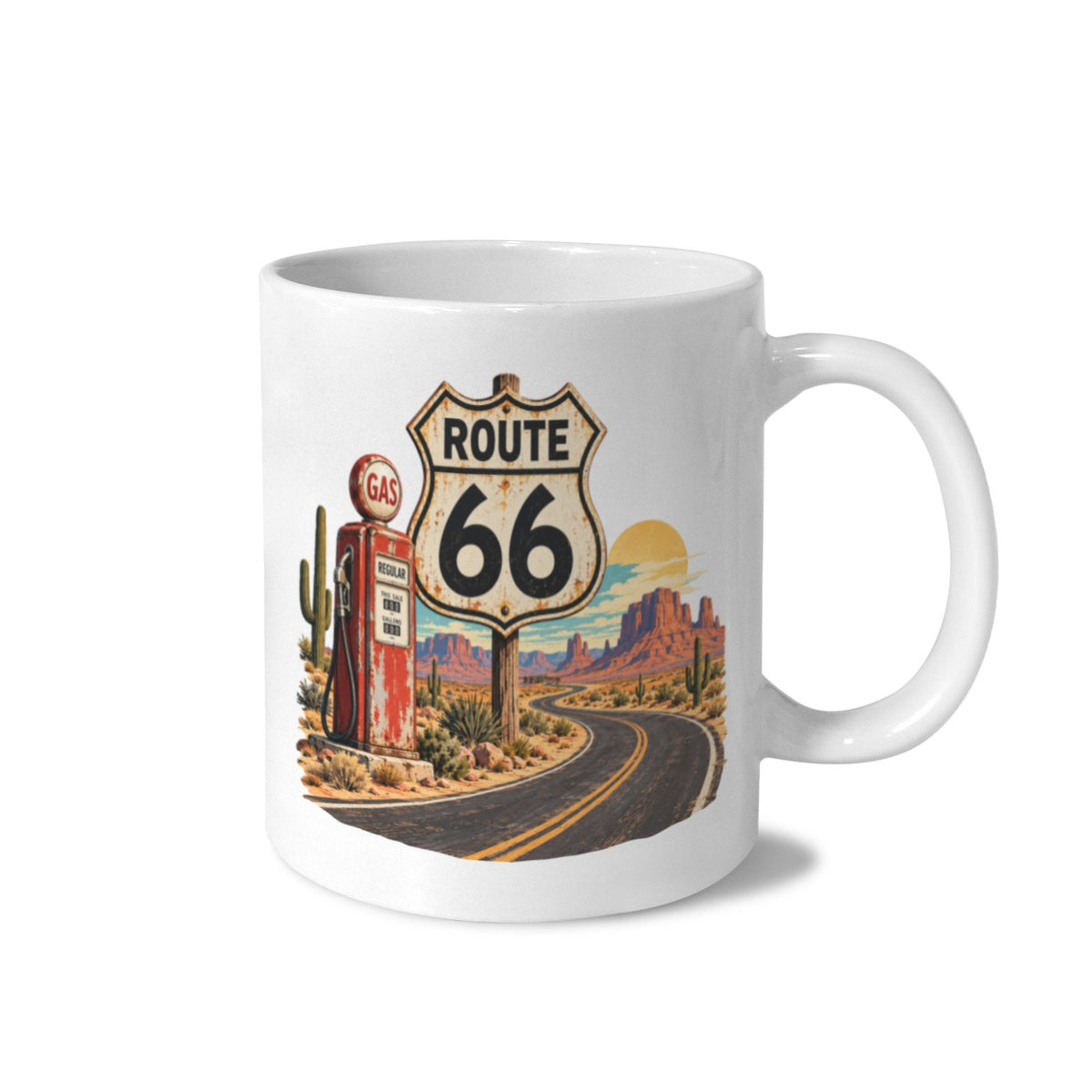 Historic Route 66 Desert Pump Road 11 oz White Ceramic Mug