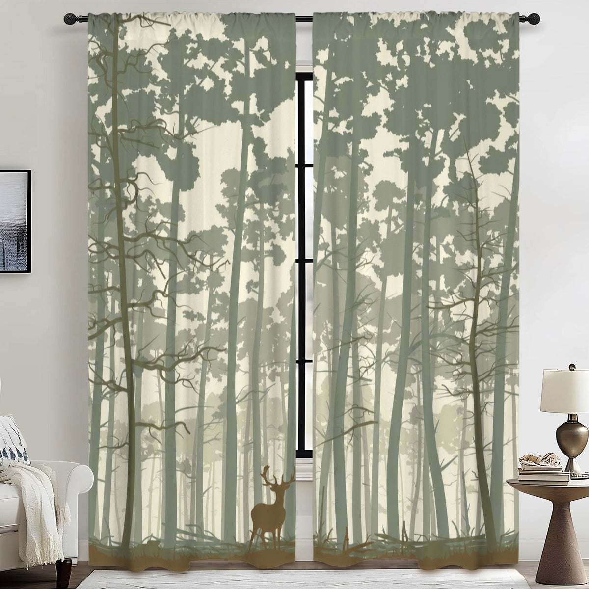 Deer in tall forest 52 x 84 in Window Curtain Set