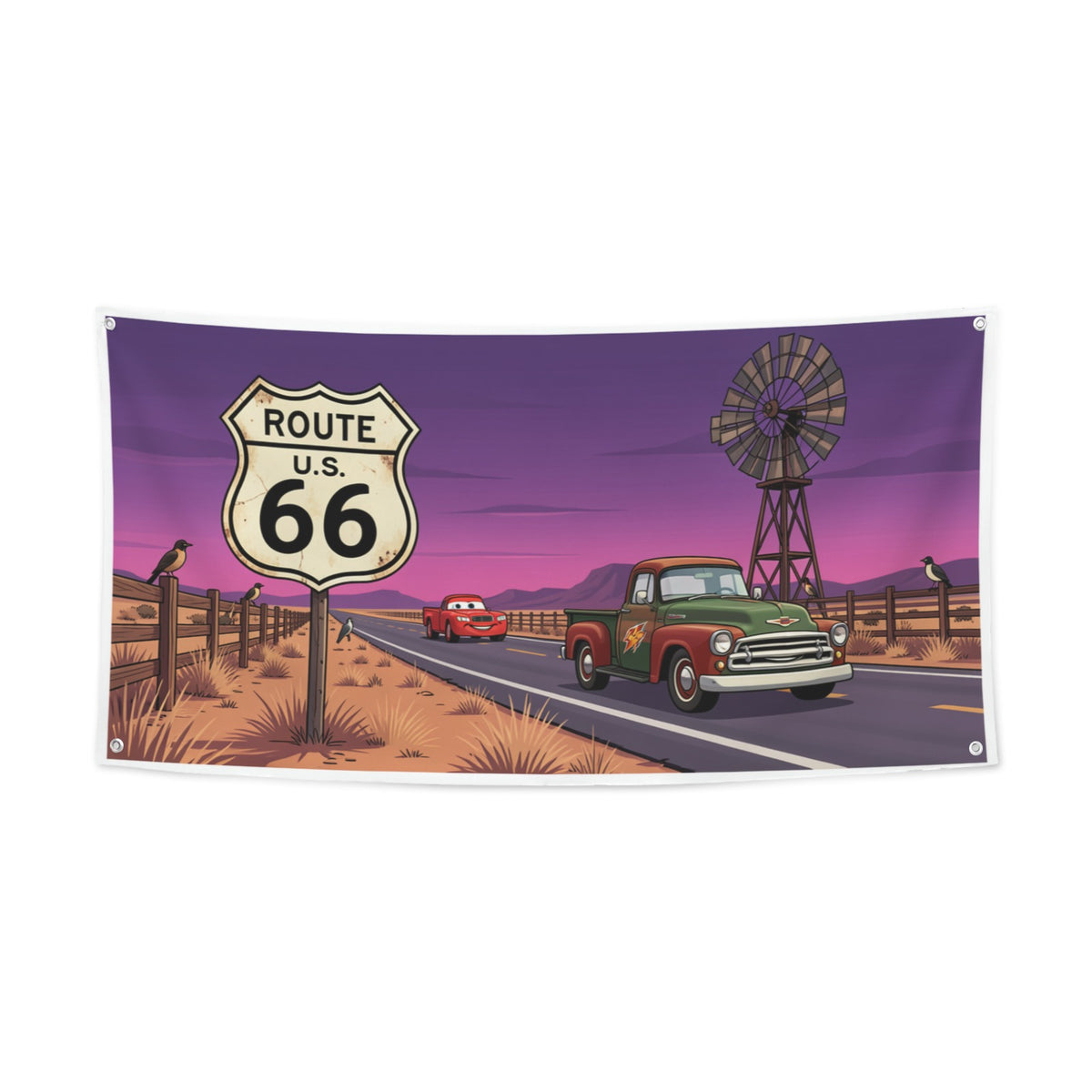 Route 66 Twilight Windmill Roadside 47 x 24 in Festival Banner