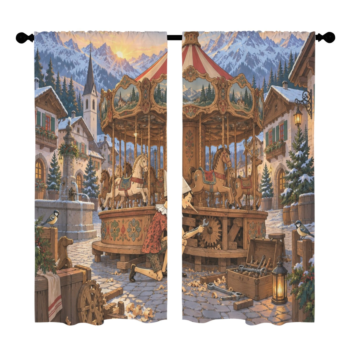 Pinocchio Repairs an Alpine Carousel 52 x 84 in Window Curtain Set