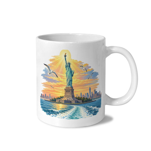 Statue of Liberty Sunrise Ferry 11 oz White Ceramic Mug