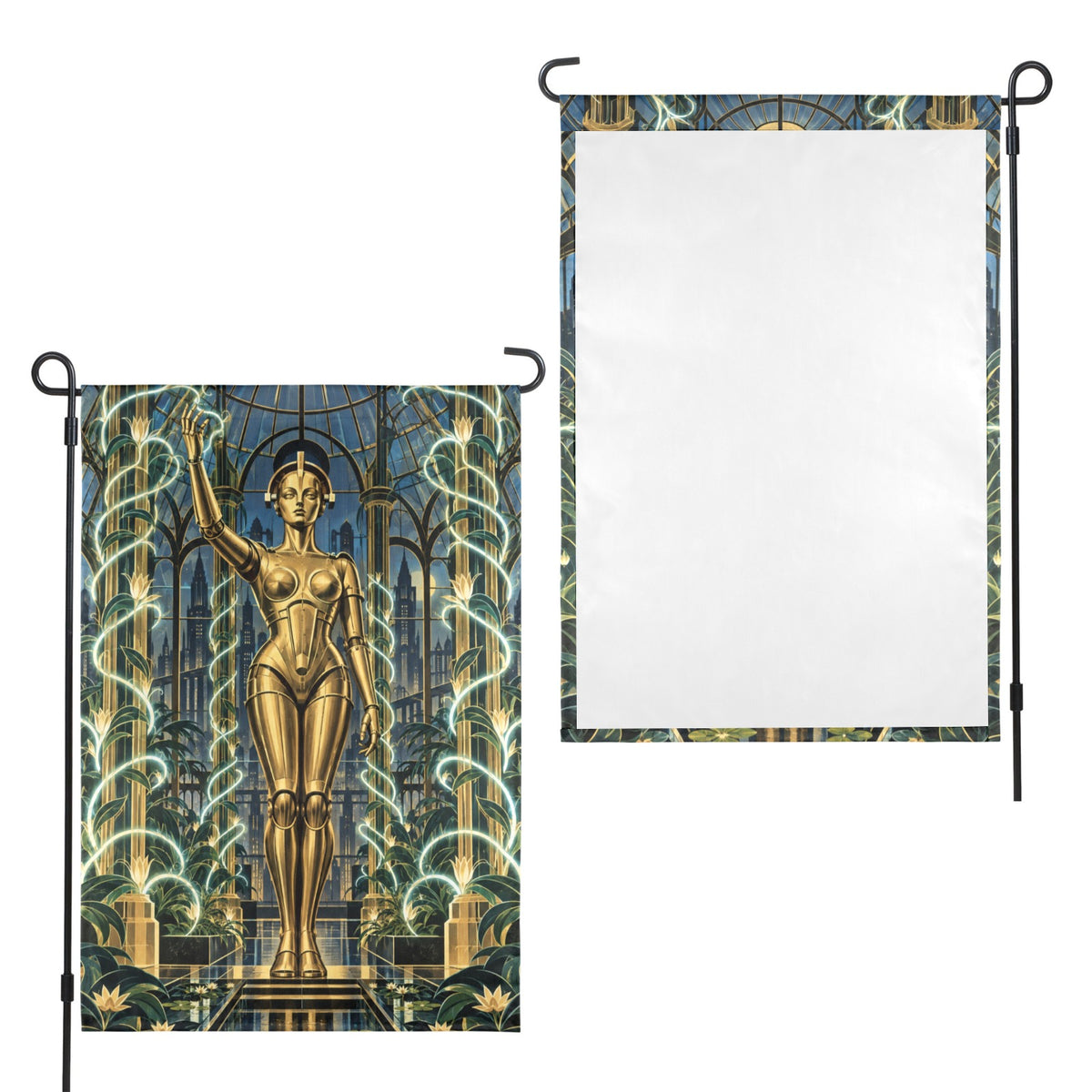 Robot Maria 1927 art deco greenhouse 12 x 18 in Garden Flag