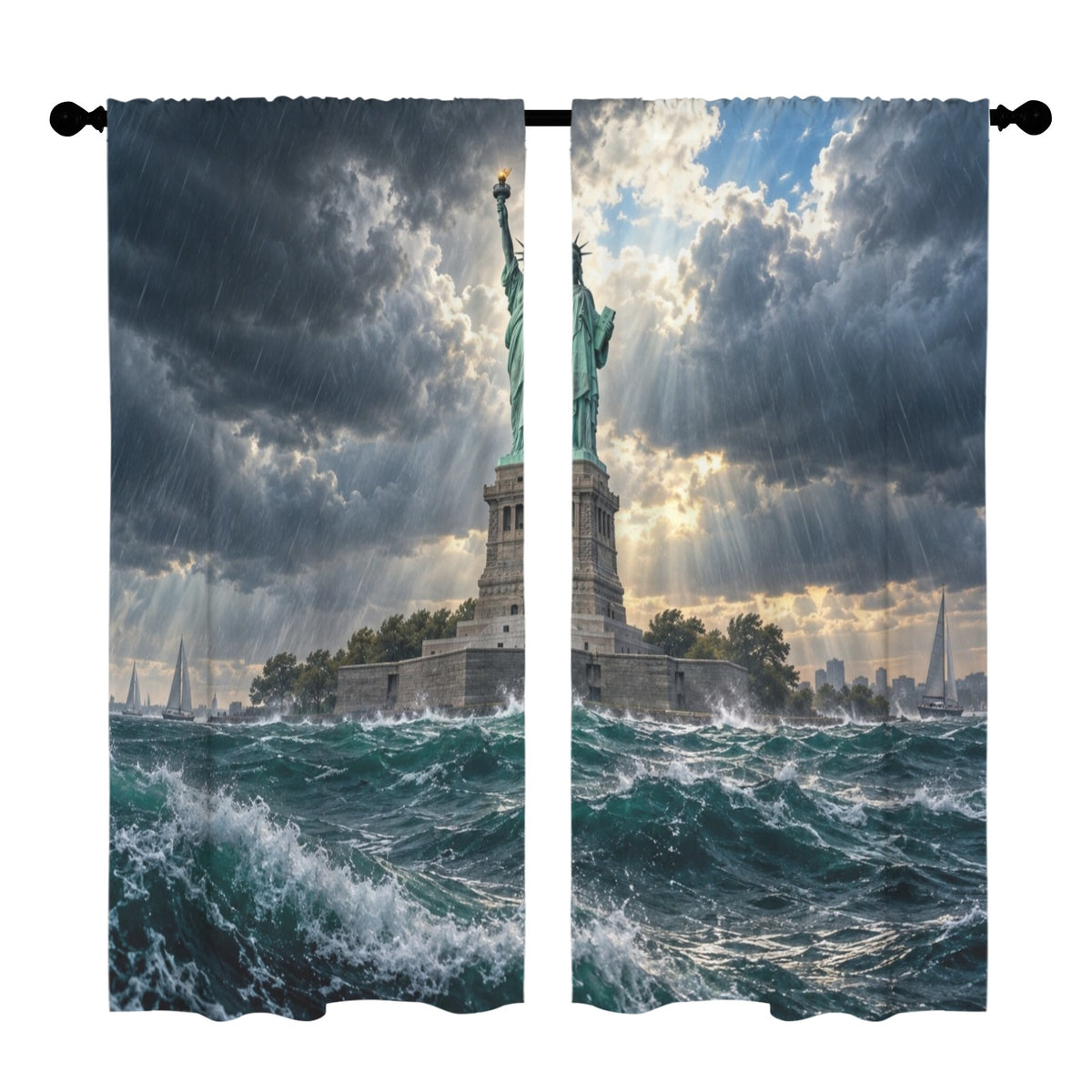 Statue of Liberty in a Harbor Storm 52 x 84 in Window Curtain Set