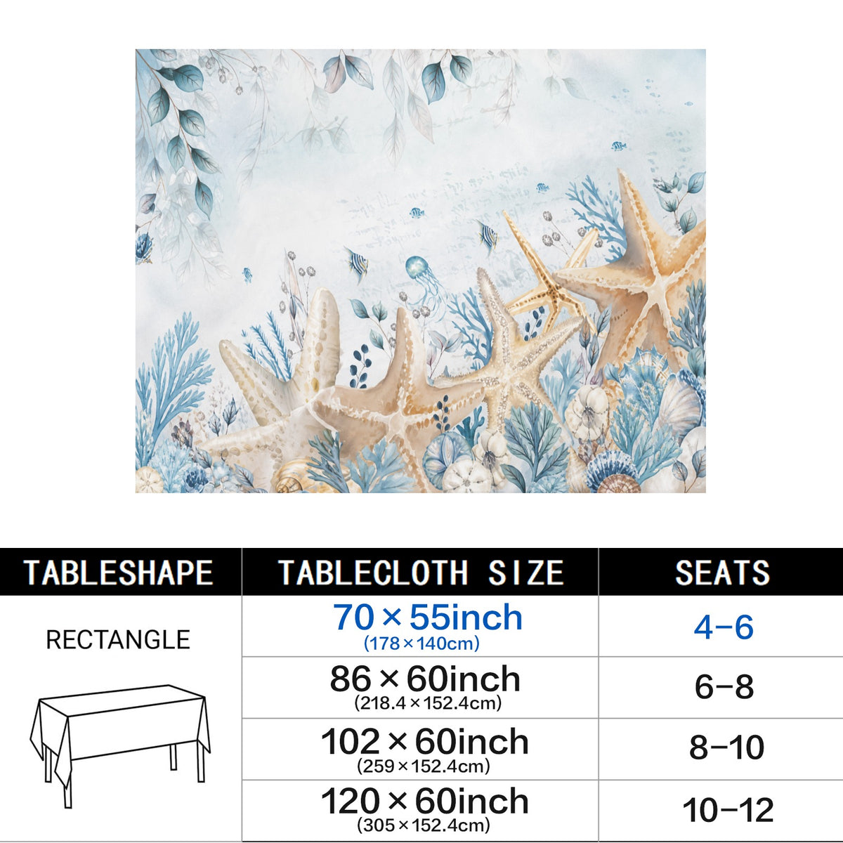 Nautical Starfish 178cm x 140cm Rectangular Tablecloth 70x55inch (QUE)
