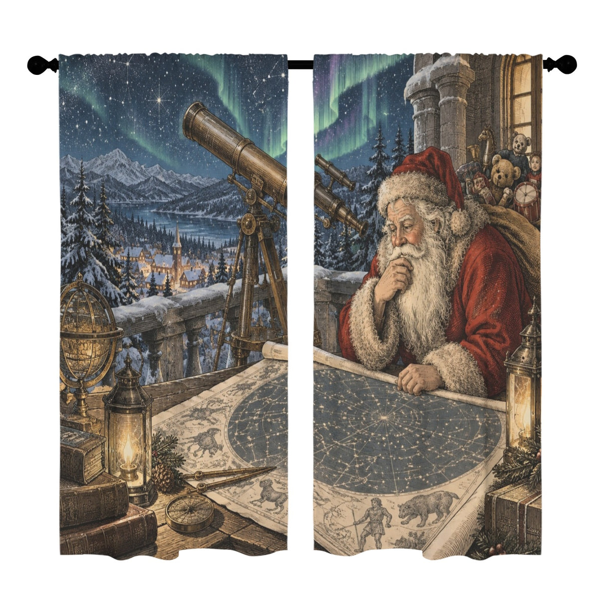 Santa Reads the Winter Star Chart 52 x 84 in Window Curtain Set