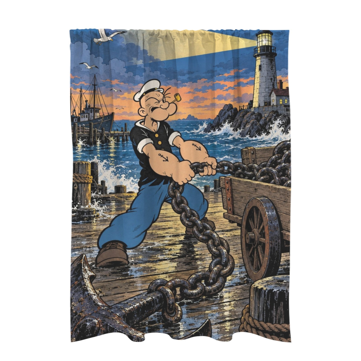 Popeye hauls an anchor chain on a lanter 51 x 72 in Door Curtain (QUE)