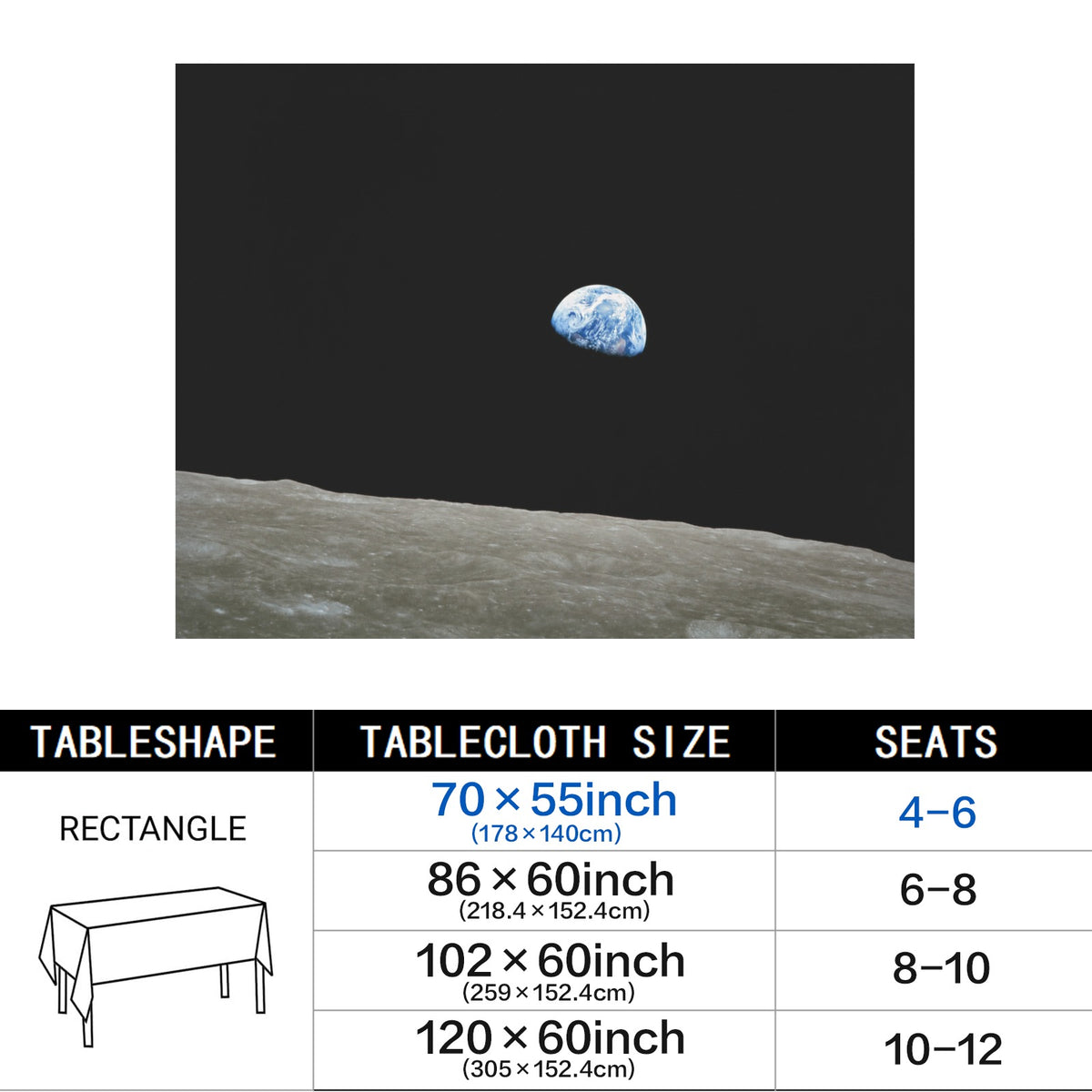 Earthrise Orbit 178cm x 140cm Rectangular Tablecloth 70x55inch (QUE)