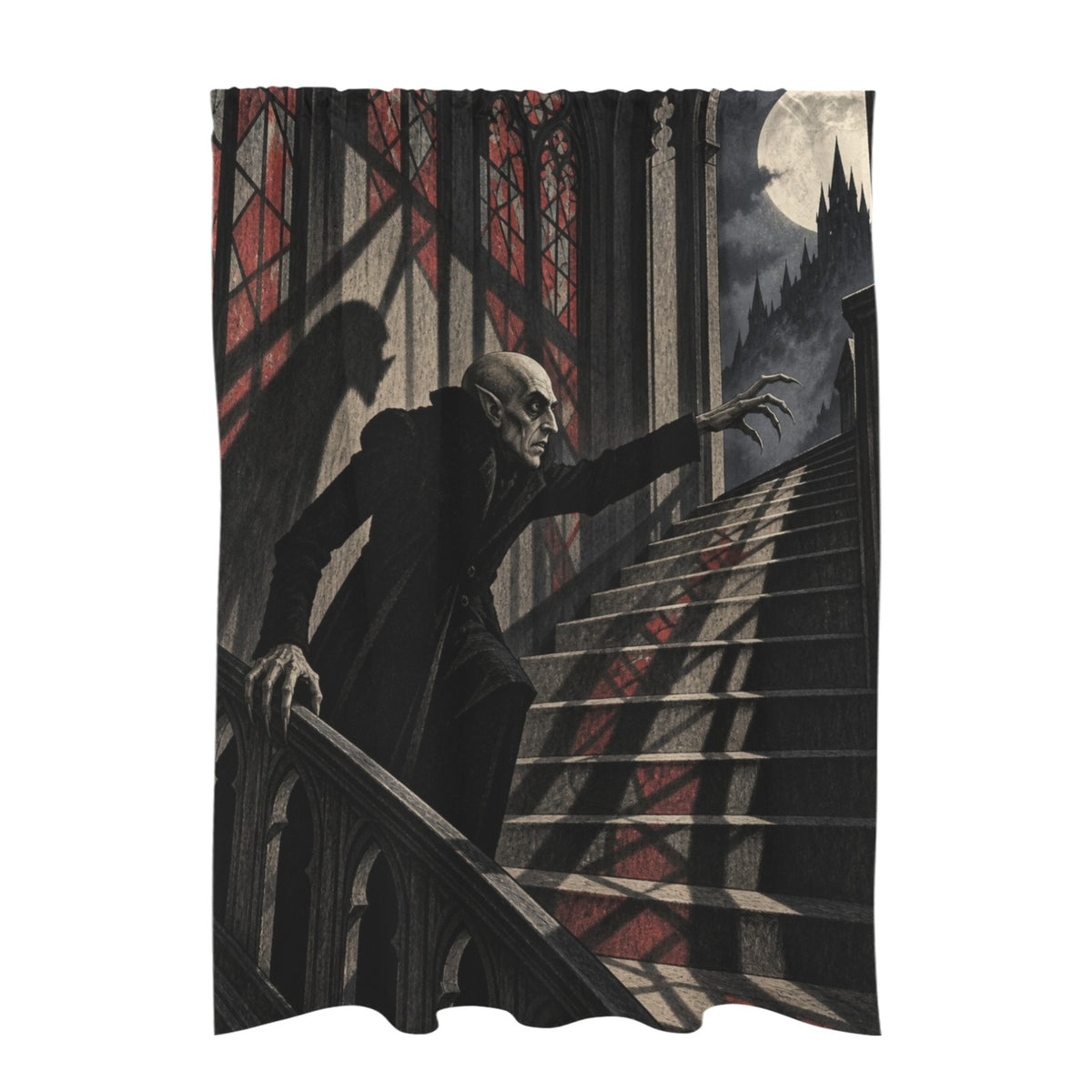 Count Orlok climbs a stained-glass stair 51 x 72 in Door Curtain (QUE)