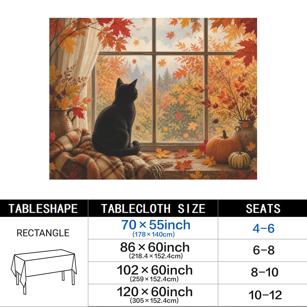 Autumn Cat 178cm x 140cm Rectangular Tablecloth 70x55inch (QUE)