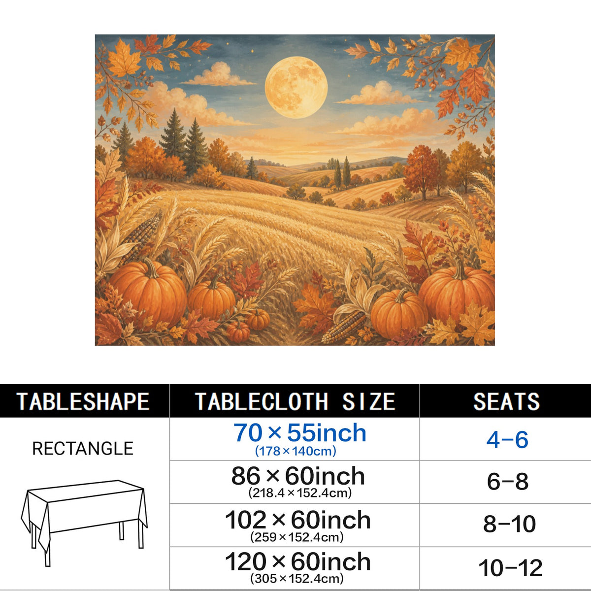 Harvest Moon 178cm x 140cm Rectangular Tablecloth 70x55inch (QUE)