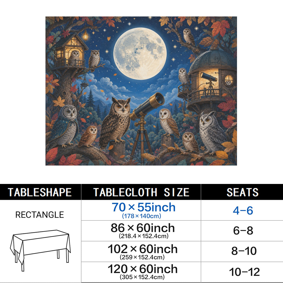 Owl Observatory 178cm x 140cm Rectangular Tablecloth 70x55inch (QUE)