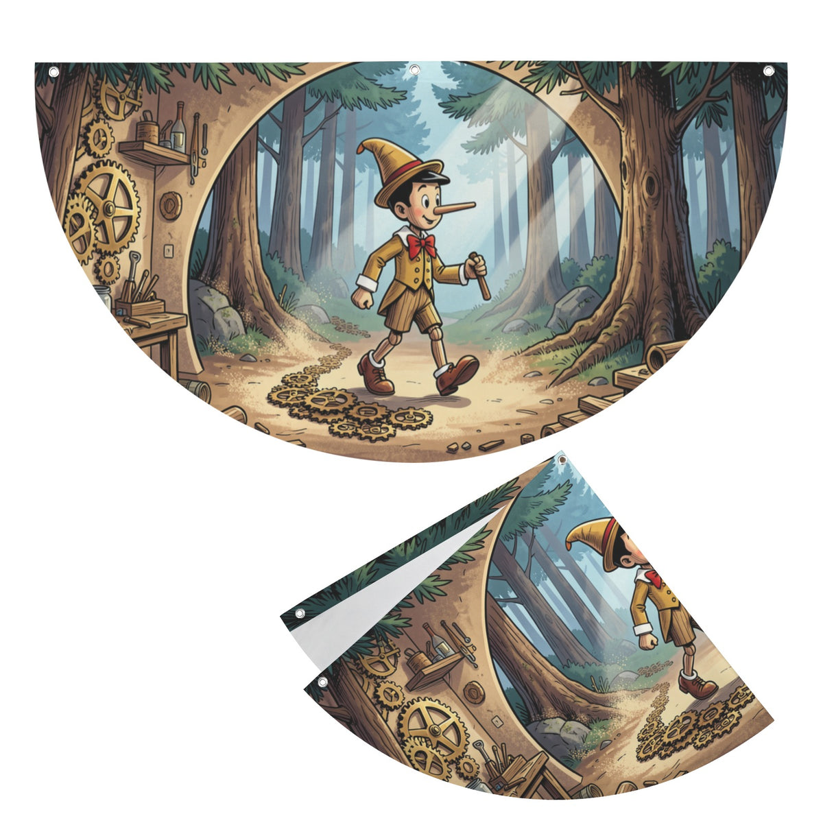 Pinocchio Follows A Brass Gear 36 x 18 in Semi Circle Flag