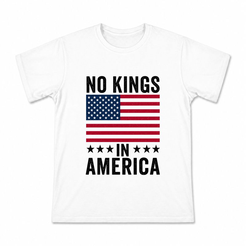 Men's No Kings in America Graphic T-Shirt on a white T-shirt.