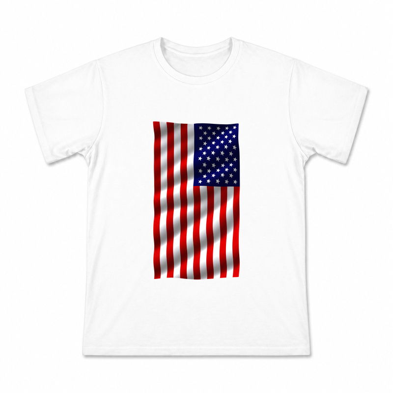 Men's Waving American Flag Graphic T-Shirt on a white T-shirt.