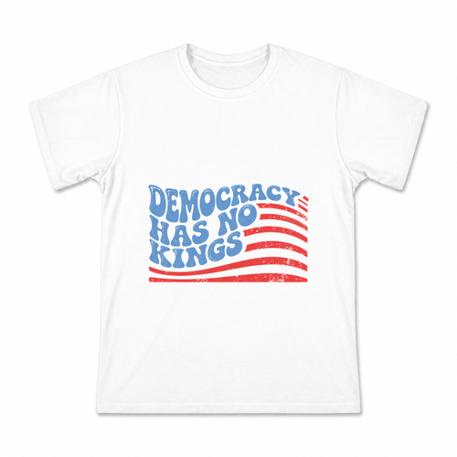 Men's Democracy Has No Kings Flag Graphic T-Shirt on a white T-shirt.