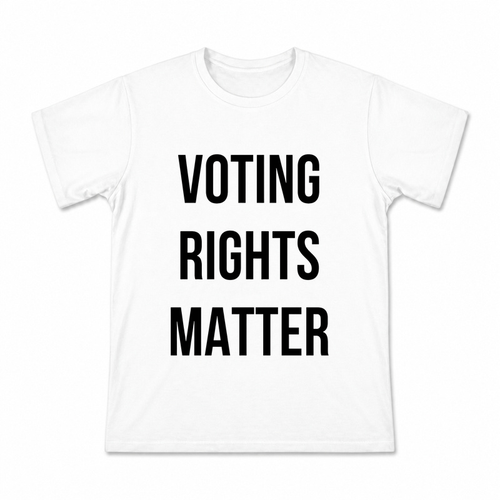 Men's Register Show Up Vote Black Type Graphic T-Shirt on a white T-shirt.