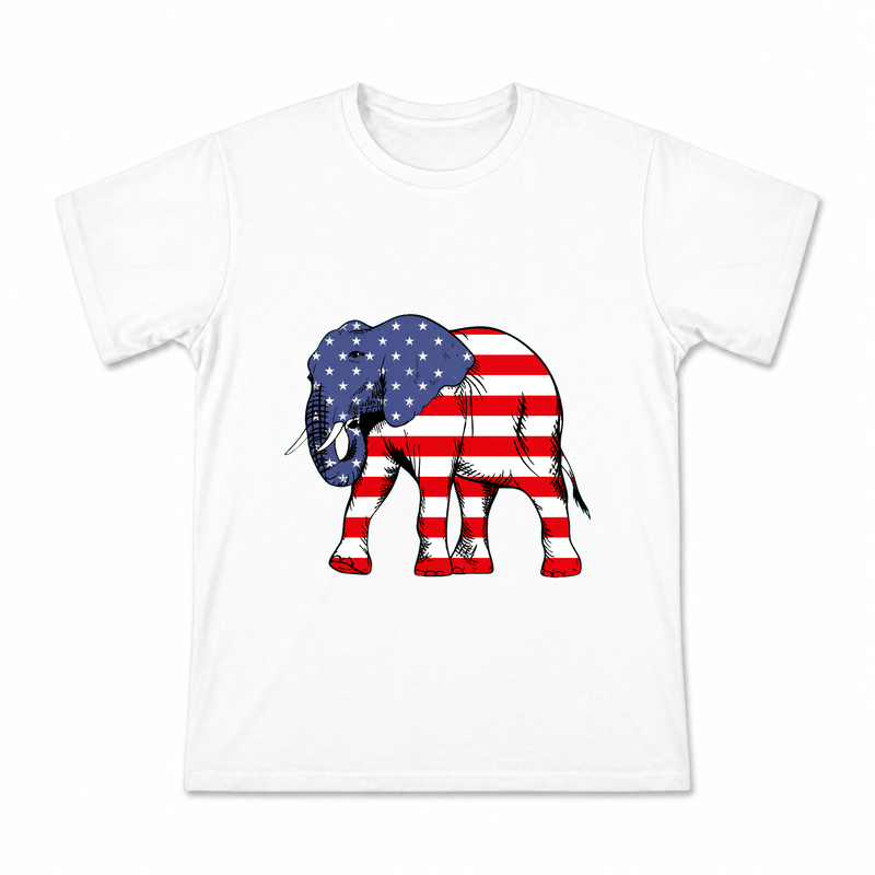 Men's Patriotic Elephant Graphic T-Shirt on a white T-shirt.