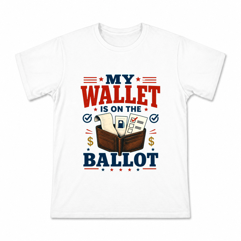 Men's Wallet Ballot Graphic T-Shirt on a white T-shirt.