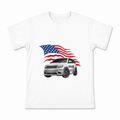 Men's Flag and SUV Graphic T-Shirt on a white T-shirt.