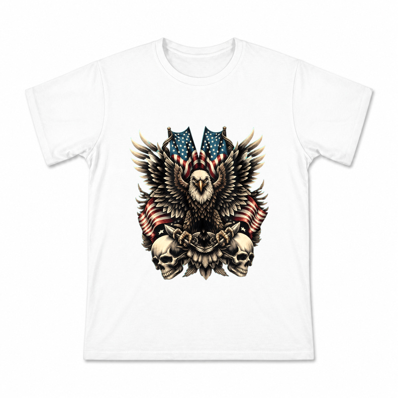 Men's Eagle and Skulls Flag Graphic T-Shirt on a white T-shirt.
