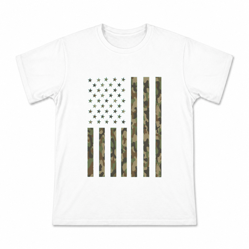 Men's Camo Stars and Stripes Graphic T-Shirt on a white T-shirt.