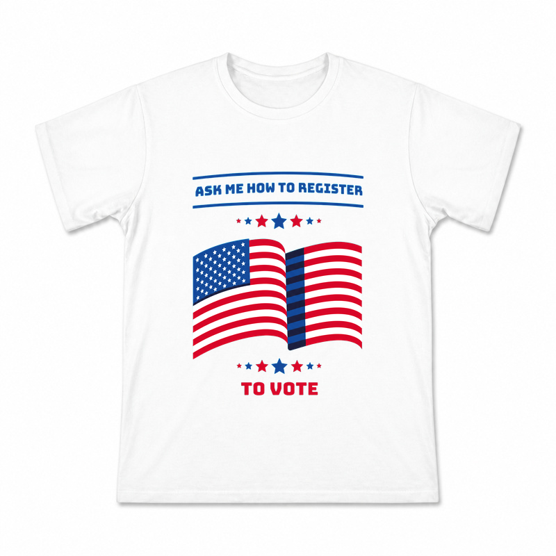 Men's Ask Me to Register Graphic T-Shirt on a white T-shirt.