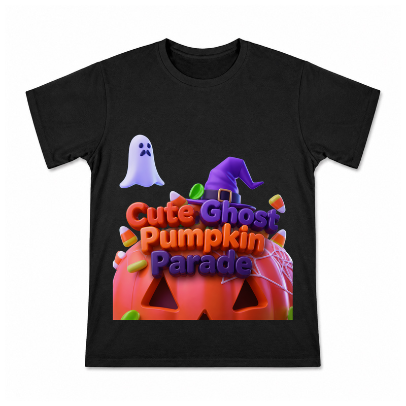 Cute Ghost Pumpkin Parade Men's Graphic T-Shirt on a black T-shirt.