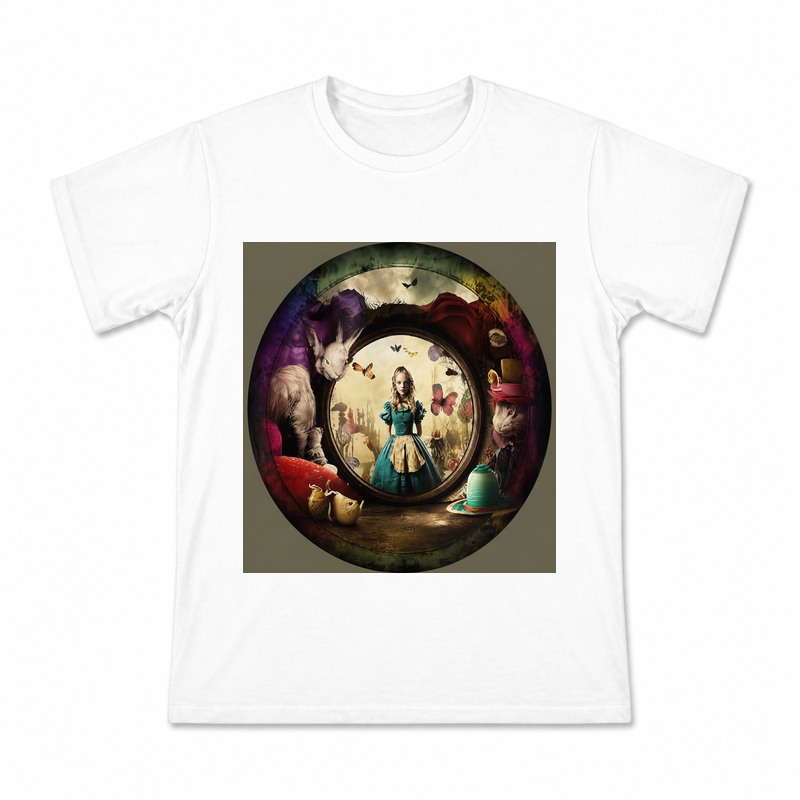 Alice Looking Glass Scene Men's Graphic T-Shirt on a white T-shirt.
