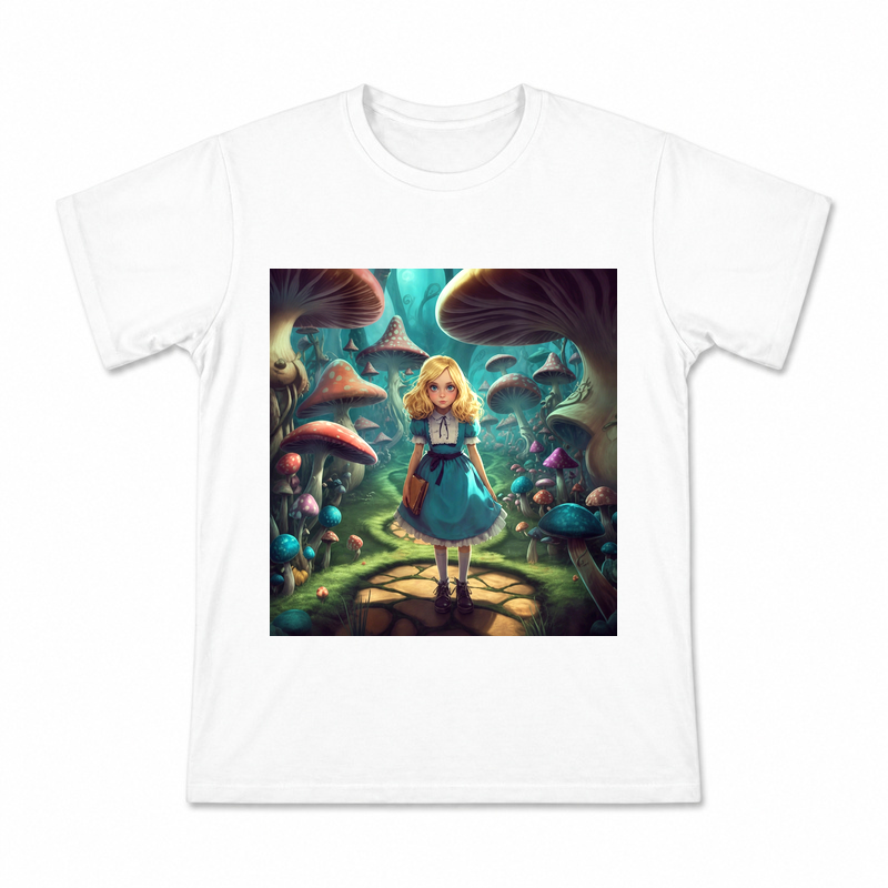 Mushroom Woodland Alice Men's Graphic T-Shirt on a white T-shirt.