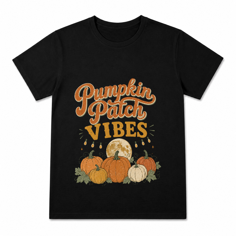 Pumpkin Patch Sunset Women's Graphic T-Shirt on a black T-shirt.