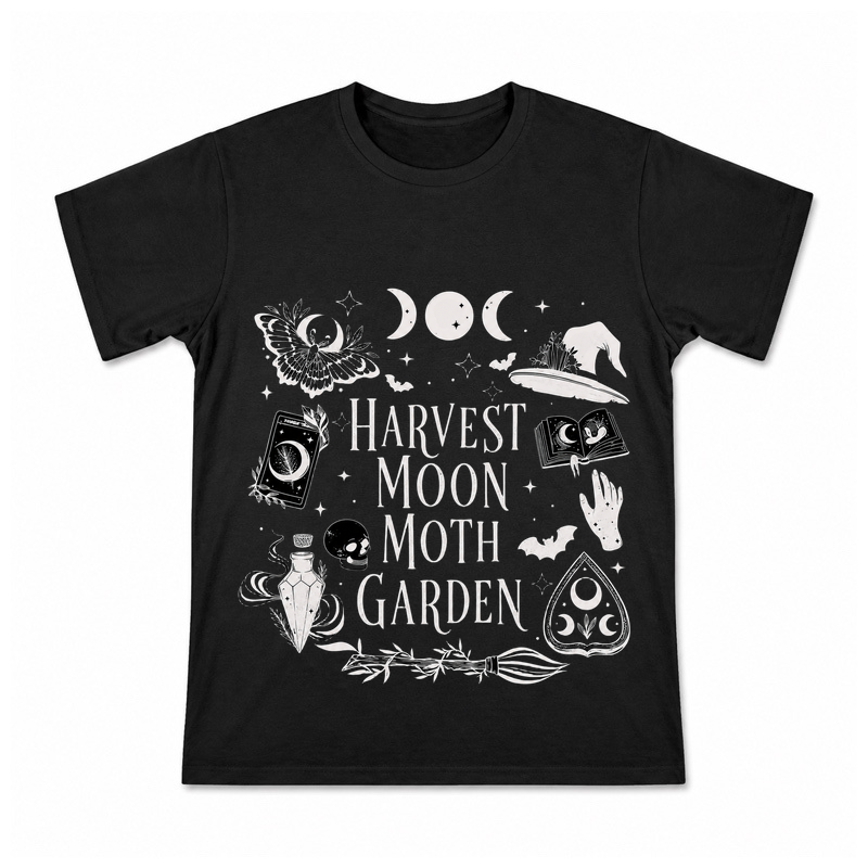 Harvest Moon Moth Garden Men's Graphic T-Shirt on a black T-shirt.