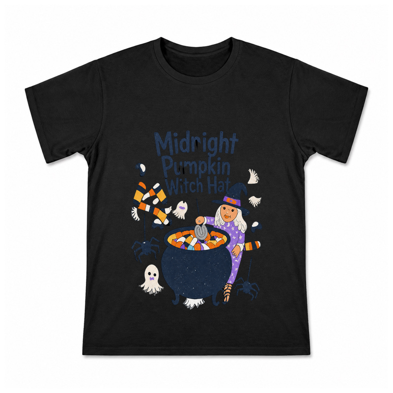 Midnight Pumpkin Witch Hat Men's Graphic T-Shirt on a black T-shirt.