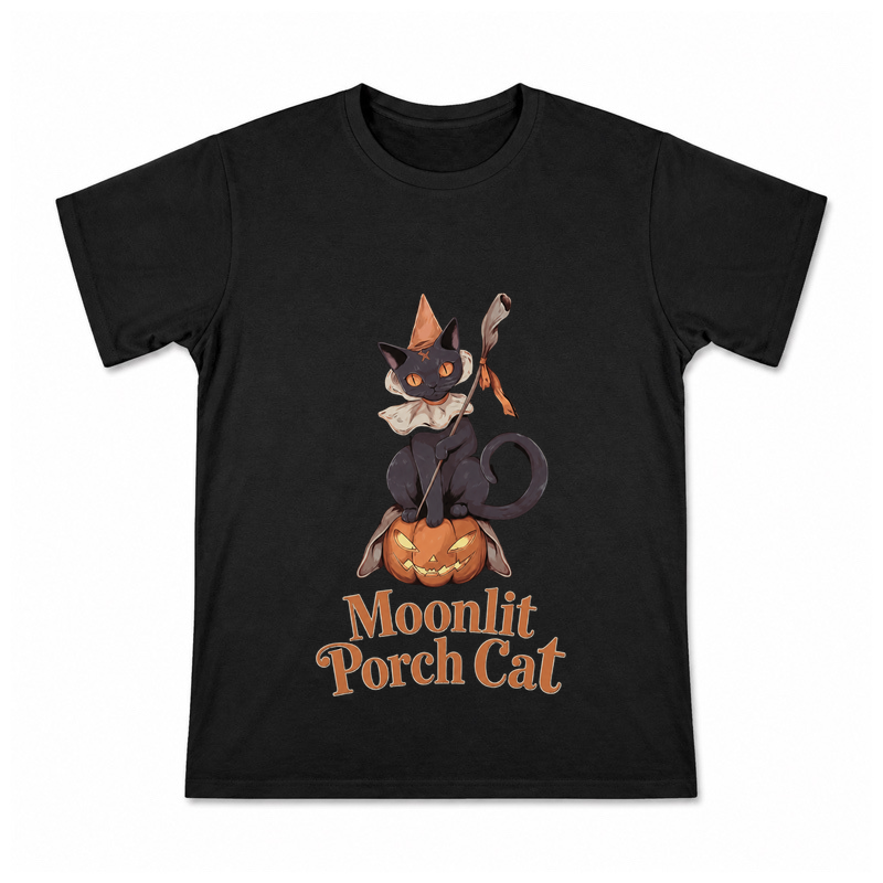 Moonlit Porch Cat Men's Graphic T-Shirt on a black T-shirt.