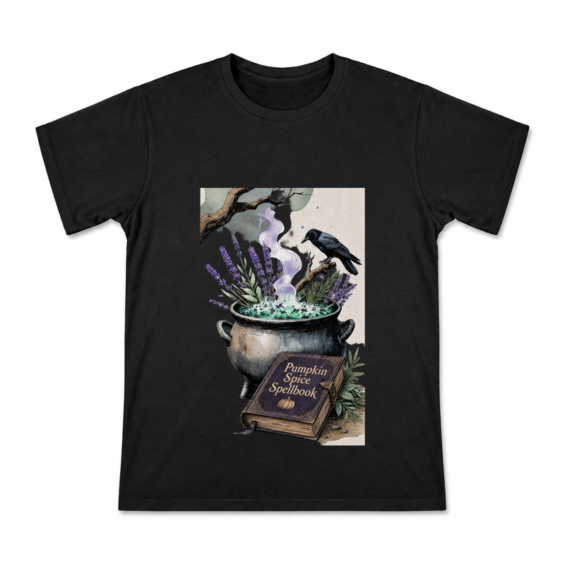 Pumpkin Spice Spellbook Men's Graphic T-Shirt on a black T-shirt.