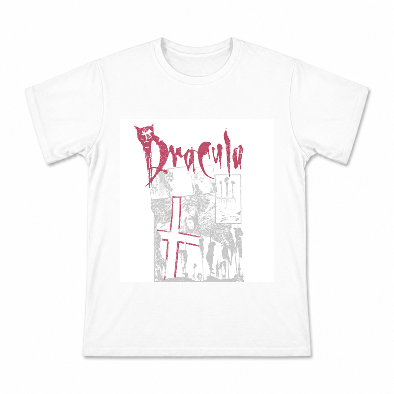 Dracula Lettering and Cross Men's Graphic T-Shirt on a white T-shirt.