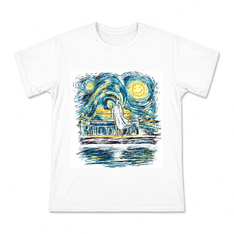 Moonlit Blue Waterside Scene Men's Graphic T-Shirt on a white T-shirt.