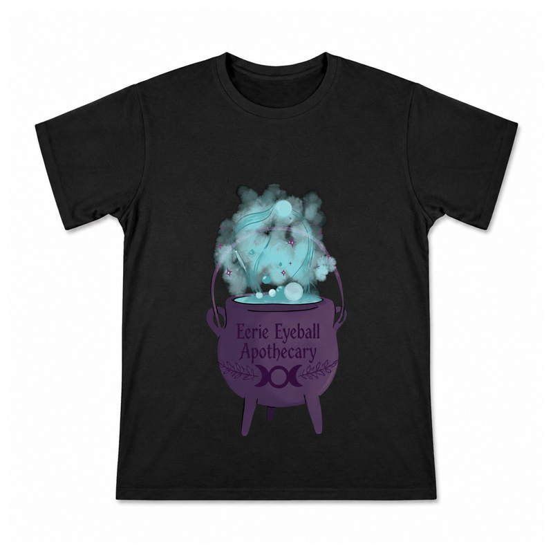 Eerie Eyeball Apothecary Men's Graphic T-Shirt on a black T-shirt.
