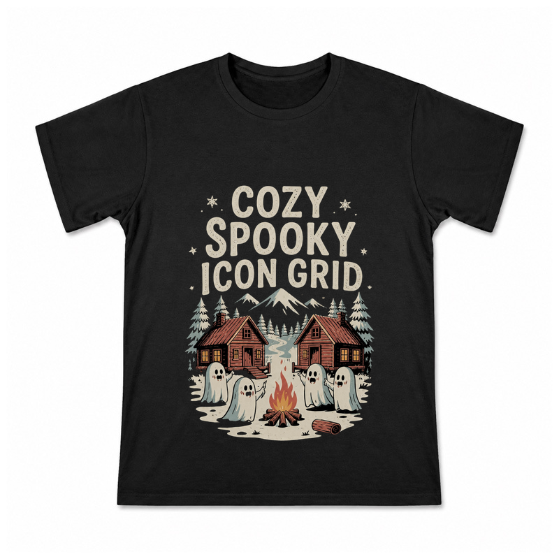 Cozy Spooky Icon Grid Men's Graphic T-Shirt on a black T-shirt.