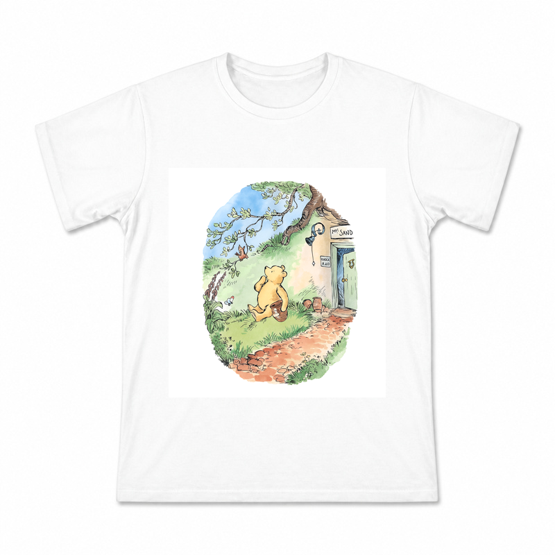 Pooh Oval Woodland Scene Men's Graphic T-Shirt on a white T-shirt.