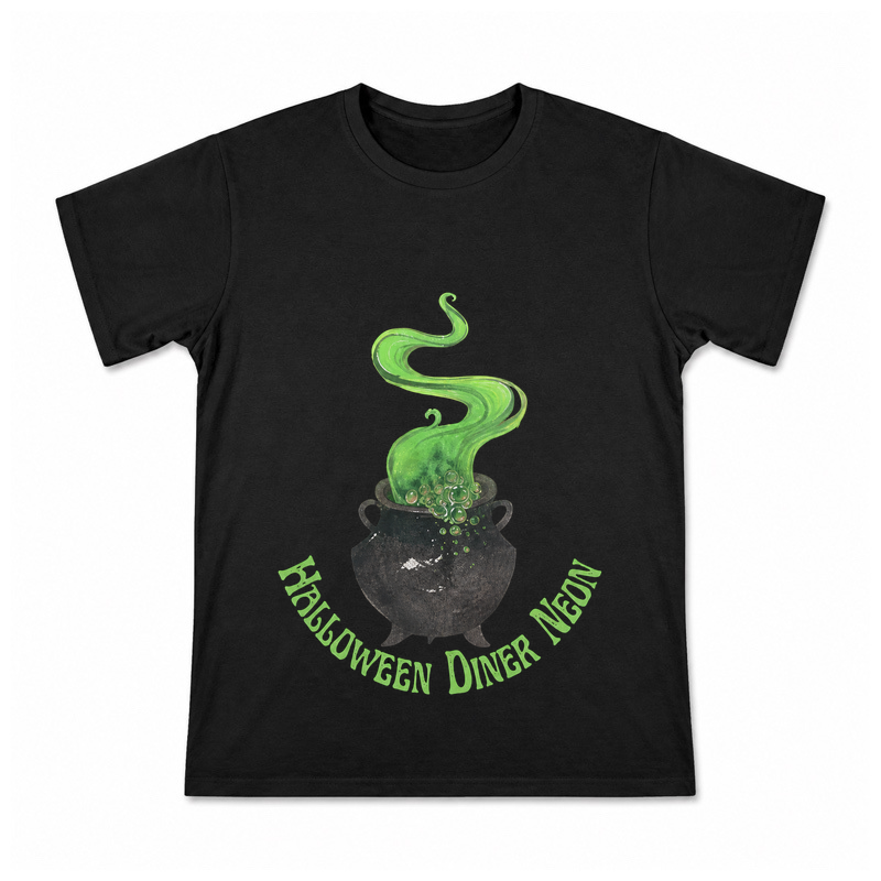 Halloween Diner Neon Men's Graphic T-Shirt on a black T-shirt.