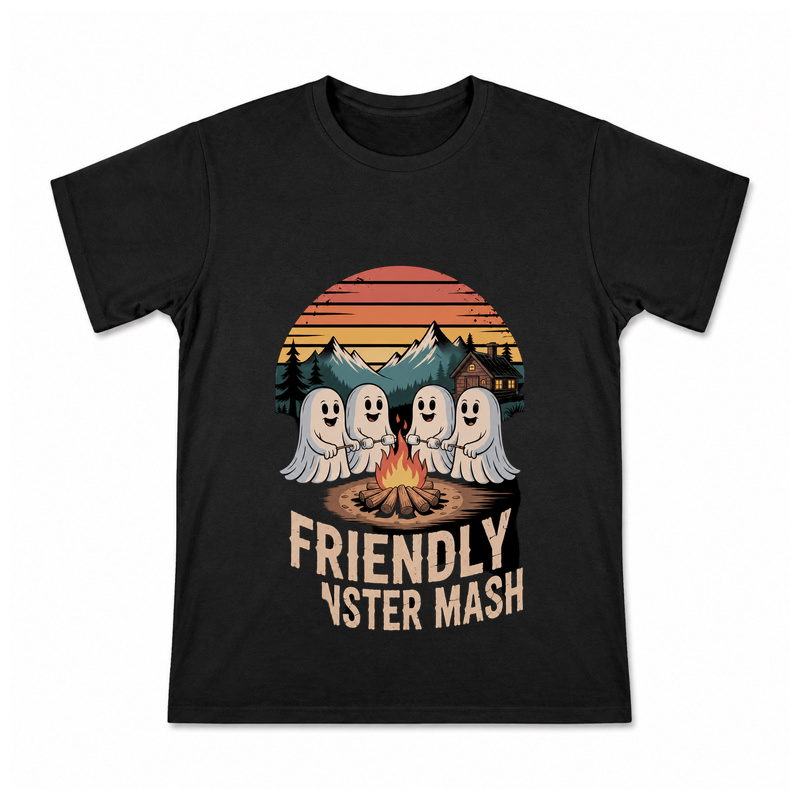 Friendly Monster Mash Men's Graphic T-Shirt on a black T-shirt.