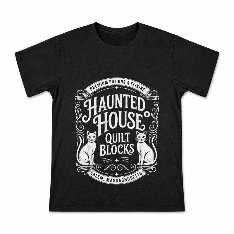Haunted House Quilt Blocks Men's Graphic T-Shirt on a black T-shirt.