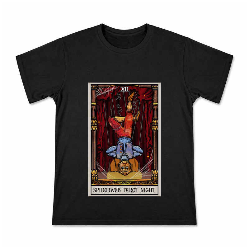 Spiderweb Tarot Night Men's Graphic T-Shirt on a black T-shirt.